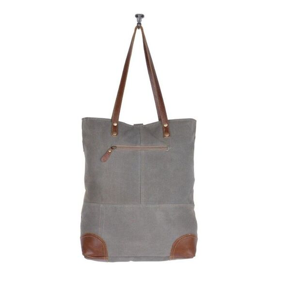Myra Bag Handmade Undulate Tote Bag Upcycled Canvas & Cowhide Leather - Picture 6 of 8